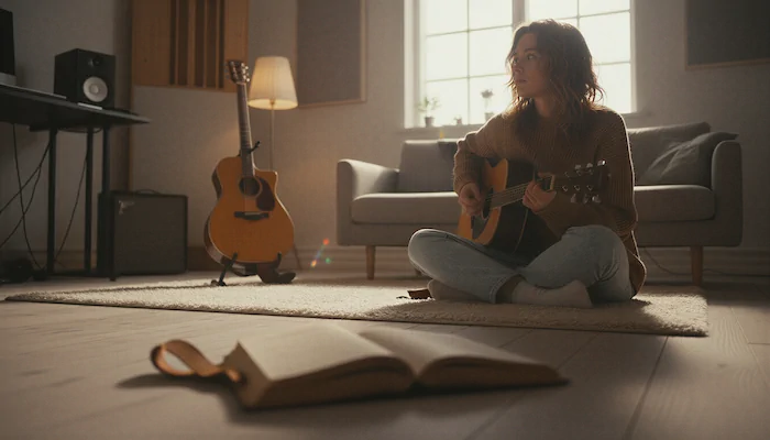 Lydstudie nær København – Guitarist optager. – Lydstudiet